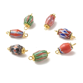 Lampwork Bead Connector Charms, with Golden Tone Brass Finding, Barrel