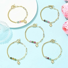 Латунные сердца шарм браслеты, Браслеты из кубического натурального разноцветного турмалина и латуни в виде скрепки и цепочки для женщин.
