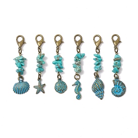 6 шт. подвесные украшения из сплава на тему океана, застежка-лобстер и синтетическая бирюзовая крошка для украшения сумок, разнообразные