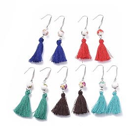 Cotton Tassel Earrings, with Handmade Printed Porcelain Beads and 316 Surgical Stainless Steel Earring Hooks