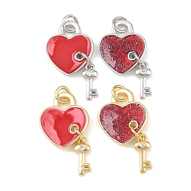 Латунные микропаве прозрачные подвески с фианитом, сердце с ключом, Эмаль стиле, с целью перехода в кольце, без кадмия и без свинца, стойки покрытие, долговечный