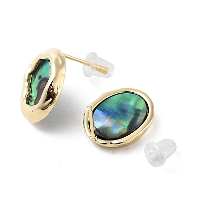 Natural Paua Shell Twist Oval Stud Earrings, Brass Earrings with 925 Sterling Silver Pins