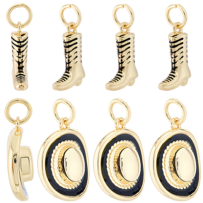 8шт 2 стили латунные эмалевые подвески, брелок в виде ковбойских сапог и шляпы, с целью перехода в кольце, долговечный, без свинца и без кадмия, стойки покрытие, реальный 18 k позолоченный