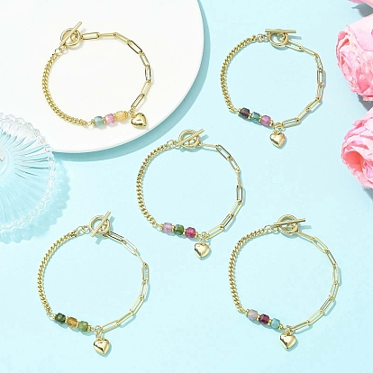 Латунные сердца шарм браслеты, Браслеты из кубического натурального разноцветного турмалина и латуни в виде скрепки и цепочки для женщин.