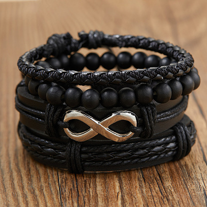 Stylish Leather and Beaded Bracelet Set for Men - Fashionable Woven Combination Design