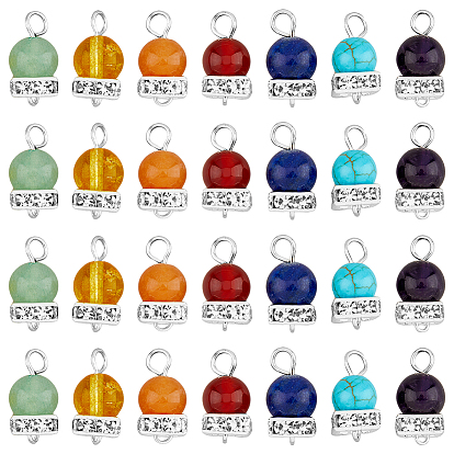 4 наборы чакра смешанные драгоценные камни соединительные амулеты, круглые ссылки, с прокладочными бусинами из латуни с платиновым покрытием и стразами