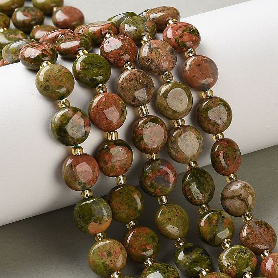 Природные Unakite бисер нитей, с бисером, плоско-круглые