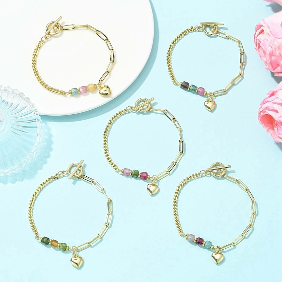 Латунные сердца шарм браслеты, Браслеты из кубического натурального разноцветного турмалина и латуни в виде скрепки и цепочки для женщин.