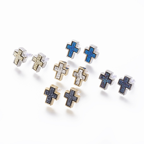 Латунь серьги, с druzy кабошонов смолы, крестик