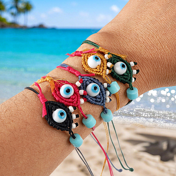 5шт. 5 регулируемые по цвету фарфоровые плетеные браслеты из бусин, Браслеты из полиэстерного шнура, плетеные для пары., злые глаза