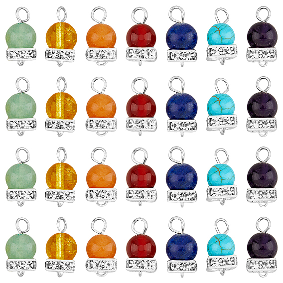 4 наборы чакра смешанные драгоценные камни соединительные амулеты, круглые ссылки, с прокладочными бусинами из латуни с платиновым покрытием и стразами