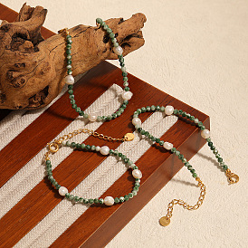 Круглые браслеты из натуральной зеленой яшмы с бусинами, золотые браслеты из нержавеющей стали для женщин, с пресноводным жемчугом