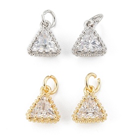 Brass Micro Pave Clear Cubic Zirconia Pendants, Long-Lasting Plated, Triangle