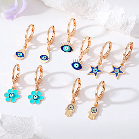 Charming Mini Earrings with Devil Eye Drop and Hamsa Hand Charm in Alloy Material