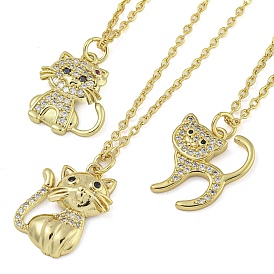 Brass Micro Pave Clear Cubic Zirconia Cat Pendant Necklaces for Women