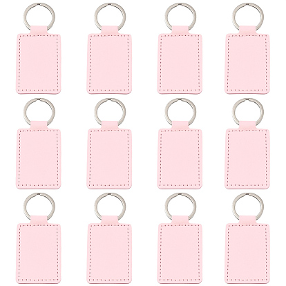 12Pcs Rectangle Imitation Leather Pendant Keychains, with Platinum Tone Alloy Ring, Platinum