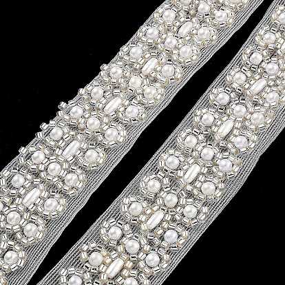 Polyester Lace Trims, with ABS Imitation Pearl Beads and Glass