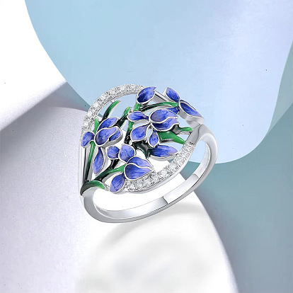 Anillos de latón con microincrustaciones de circonitas cúbicas y esmalte para mujer., flor, Platino
