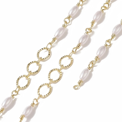 Rack Plating Brass Oval Link Chains, with Plastic Pearl Oval Beaded, Unwelded, with Card Paper