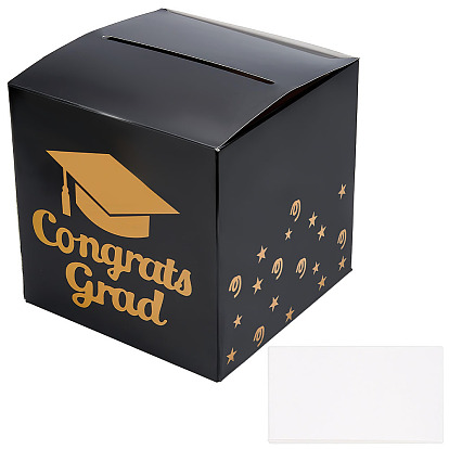 Graduation Party Paper Grad Card Boxes, Square with Gold Stamping Hat Pattern and 10 Sheets Cards