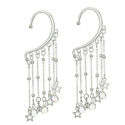 Brass Star & Glass Teardrop Tassel Earrings, Alloy Cuff Earrings, Climber Wrap Around Earrings for Women