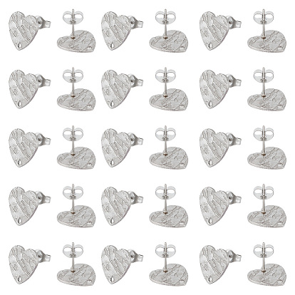 40 шт 304 детали серьги-гвоздики из нержавеющей стали, с ушными гайками / серьгами и отверстием, в форме сердца с текстурированной
