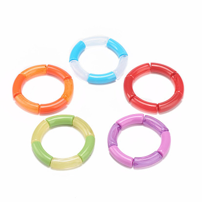 Two Tone Jelly Color Acrylic Curved Tube Beaded Stretch Bracelet, Chunky Bracelet for Women