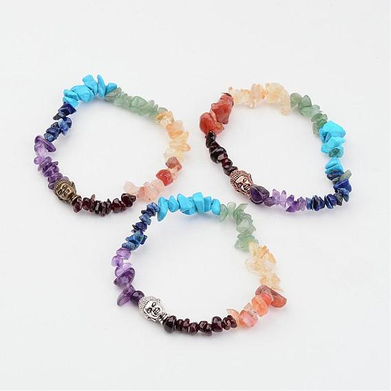 Chakra Natural Gemstone Beaded Stretch Bracelets, with Tibetan Style Buddha Beads