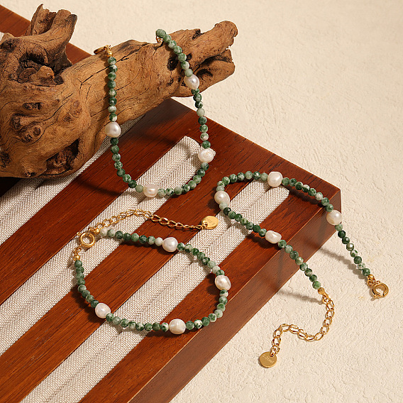 Круглые браслеты из натуральной зеленой яшмы с бусинами, золотые браслеты из нержавеющей стали для женщин, с пресноводным жемчугом