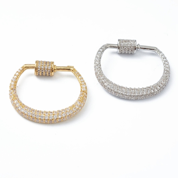 Brass Clear Cubic Zirconia Screw Carabiner Lock Clasps, Long-Lasting Plated, for Necklaces Making, Oval