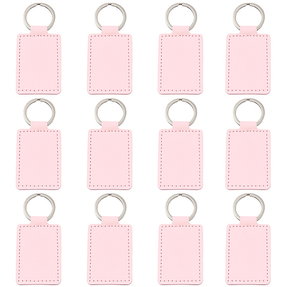 12Pcs Rectangle Imitation Leather Pendant Keychains, with Platinum Tone Alloy Ring, Platinum