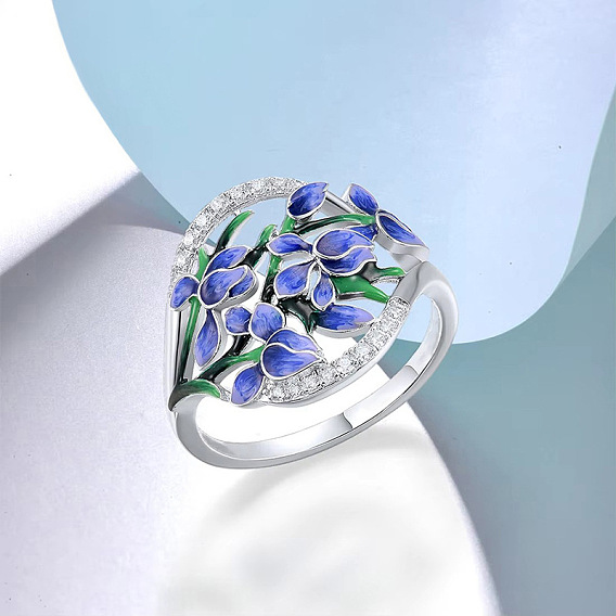 Anillos de latón con microincrustaciones de circonitas cúbicas y esmalte para mujer., flor, Platino