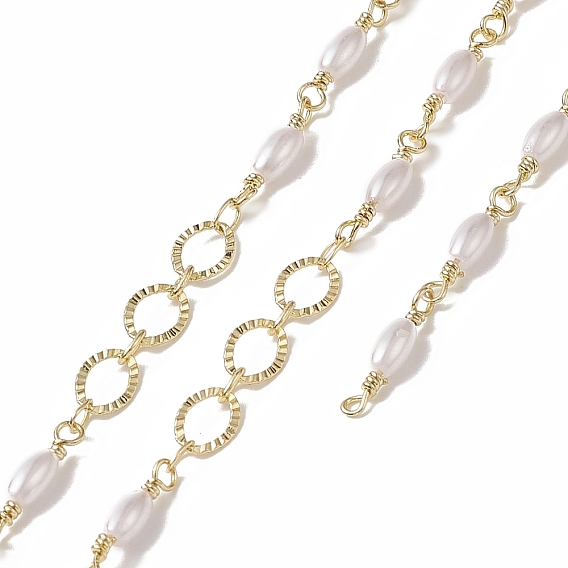 Rack Plating Brass Oval Link Chains, with Plastic Pearl Oval Beaded, Unwelded, with Card Paper