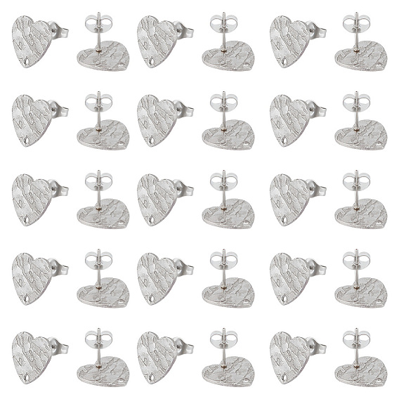 40 шт 304 детали серьги-гвоздики из нержавеющей стали, с ушными гайками / серьгами и отверстием, в форме сердца с текстурированной