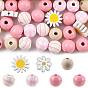 34Pcs Printed Schima Wood Beads Sets, Round & Flower