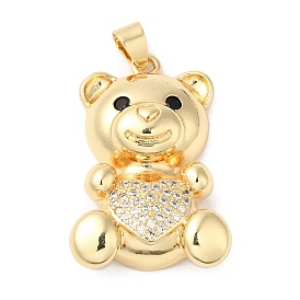 Rack Plating Brass Micro Pave Clear Cubic Zirconia Pendants, Bear Charms with Heart, Long-Lasting Plated, Cadmium Free & Lead Free