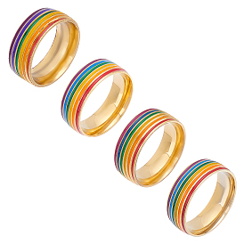 Unicraftale 4Pcs 4 Style Pride Finger Rings, Colorful Stripe Titanium Steel Wide Band Ring for Women