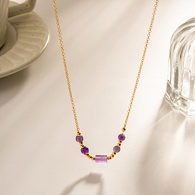 18K Gold-plated Stainless Steel Purple Stone Pendant Necklace Versatile No Fading Niche Jewelry