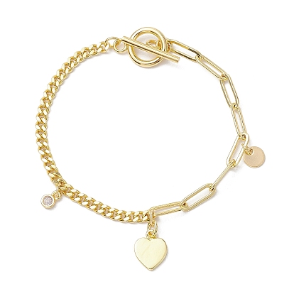 Brass Clear Cubic Zirconia Flat Round & Heart Charm Bracelets, Curb Chains & Paperclip Chains Bracelets for Women