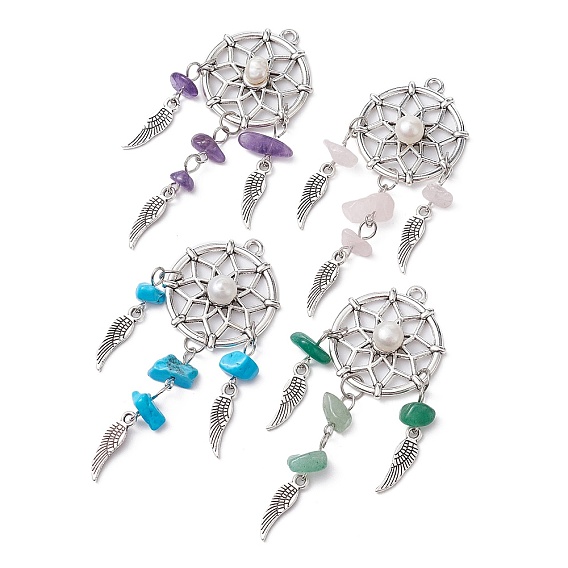 Большие подвески со смешанной крошкой драгоценных камней, плетеная паутина/сетка из антикварного посеребренного сплава с подвесками в виде перьев, с натуральным культивированным пресноводным жемчугом, смешанные окрашенные и неокрашенные