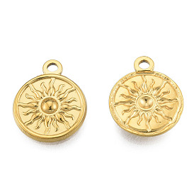 Ion Plating(IP) 201 Stainless Steel Pendants, Flat Round with Sun