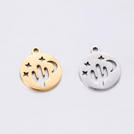 304 Stainless Steel Charms, Flat Round with Cactus & Moon & Star Charm