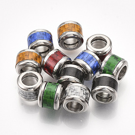 304 Stainless Steel Beads, with Fiber, Large Hole Beads, Column with Basket Weave Pattern, Stainless Steel Color