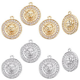 8Pcs 2 Colors Brass Micro Pave Cubic Zirconia Pendants, Long-Lasting Plated, Flat Round with Lion Head, Clear