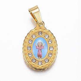 304 Stainless Steel Pendants, with Rhinestone, Oval with Divine Child Jesus