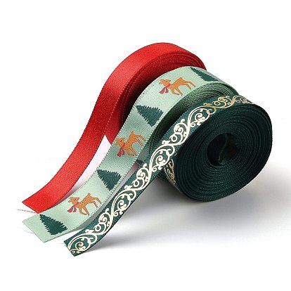 7 Rolls Christmas Satin Ribbon, Polyester Ribbon, for Making Crafts, Gift Package, Christmas Themed Pattern