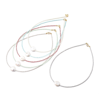 TOHO Japanese Seed Beaded Necklaces, with Natural Cultured Freshwater Pearl Beads and Brass Spring Ring Clasps