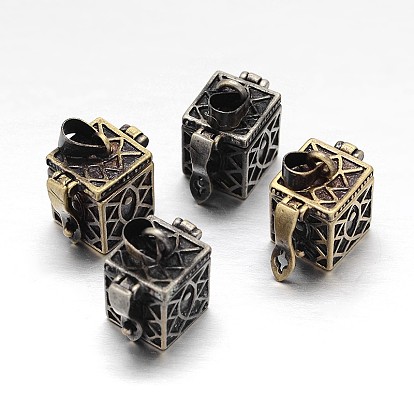 Carved Cuboid Rack Plating Brass Prayer Box Pendants, Wish Box, 17x11x17mm, Hole: 5x3mm