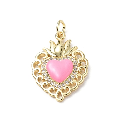 Eco-Friendly Rack Plating Brass Micro Pave Cubic Zirconia Pendants, with Enamel & Jump Ring, Long-Lasting Plated, Lead Free & Cadmium Free, Sacred Heart Charm, Real 18K Gold Plated