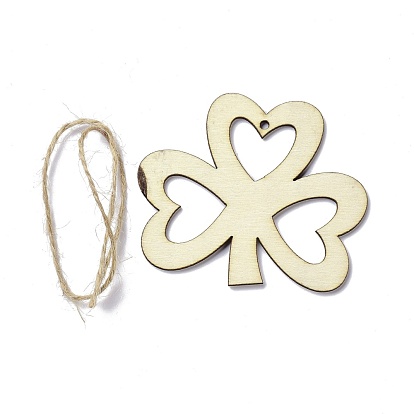 DIY Shamrock Unfinished Wooden Ornaments Blank Wooden Embellishments, with Hemp Rope, for Saint Patrick's Day Party Decorations